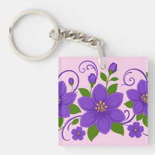 Elegant Purple Floral Ornament Pattern Keychain