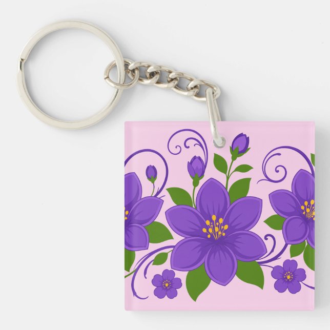 Elegant Purple Floral Ornament Pattern Keychain (Front)