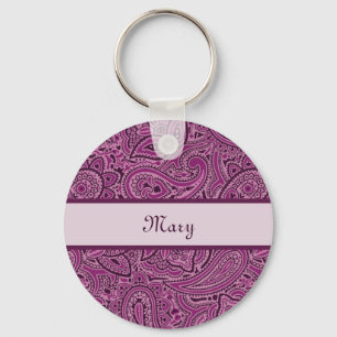 Elegant Purple Floral Paisley Pattern With Name Keychain