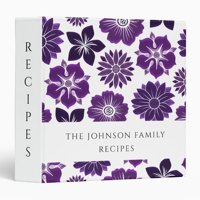 Elegant Purple Floral Pattern Faily Recipes Binder (Front/Spine)