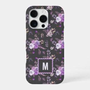 Elegant Purple Floral Pattern Monogram iPhone 16 Pro Case