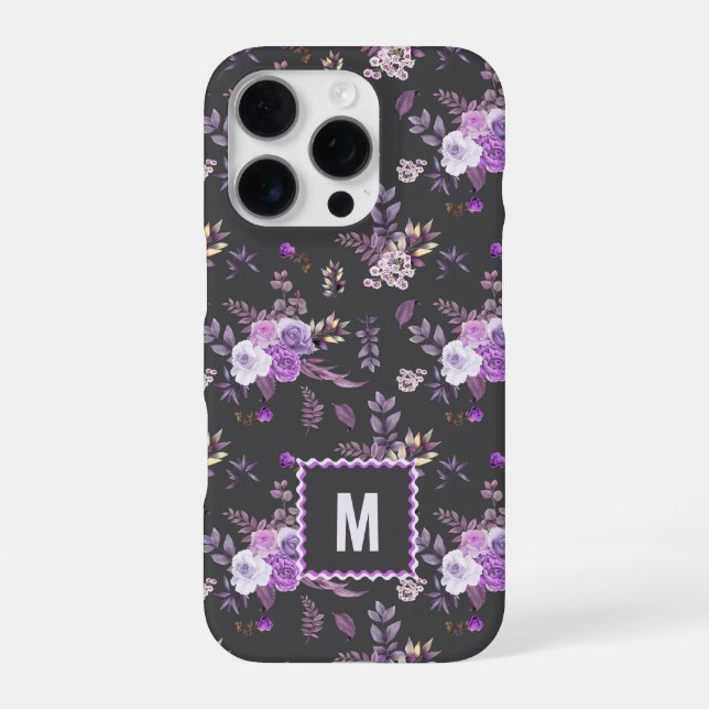 Elegant Purple Floral Pattern | Monogram iPhone Case (Back)