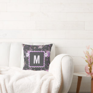Elegant Purple Floral Pattern Monogram Throw Pillow