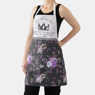 Elegant Purple Floral Pattern Queen of the Kitchen Apron