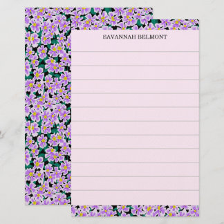 Elegant Purple Floral Personalized Name Lined Stationery
