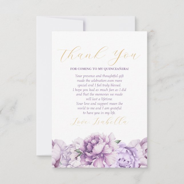 Elegant Purple Floral Photo Quinceañera Thank You Card (Front)