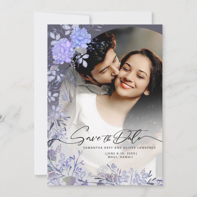 Elegant Purple Floral Photo Save the Date Card (Front)
