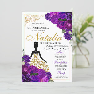 Elegant Purple Floral Quinceanera Birthday  Invitation