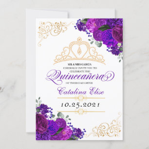 Elegant Purple Floral Quinceanera Birthday Invitation