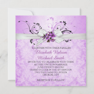 Elegant Purple Floral Ribbon Damask Wedding Invite