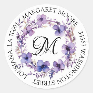 Elegant Purple Floral Script Monogram Address Classic Round Sticker