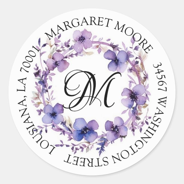 Elegant Purple Floral Script Monogram Address Classic Round Sticker (Front)