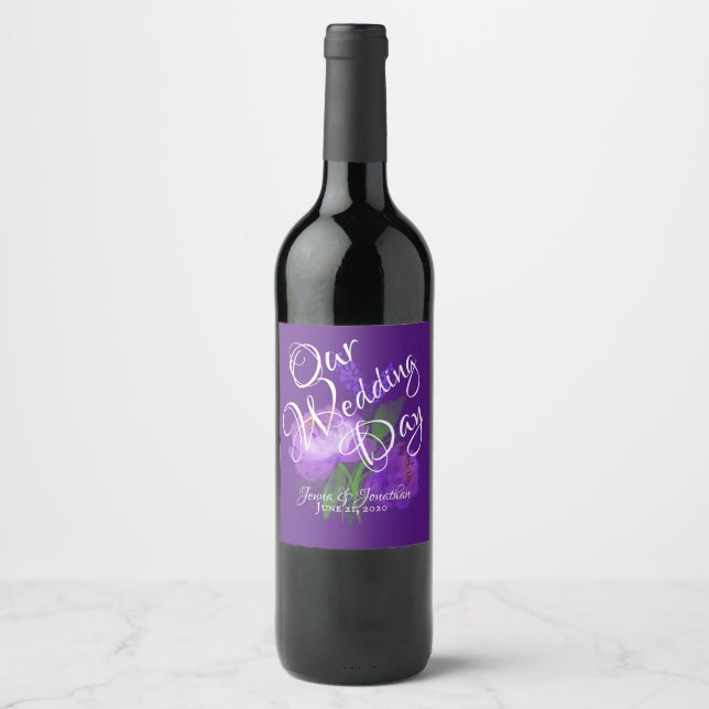 Elegant Purple Floral Script Wedding Wine Label (Front)