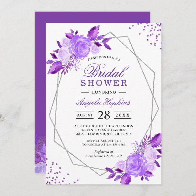 Elegant Purple Floral Silver Frame Bridal Shower Invitation (Front/Back)