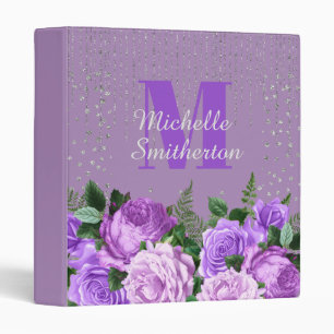 Elegant Purple Floral Silver Glitter Monogram Binder