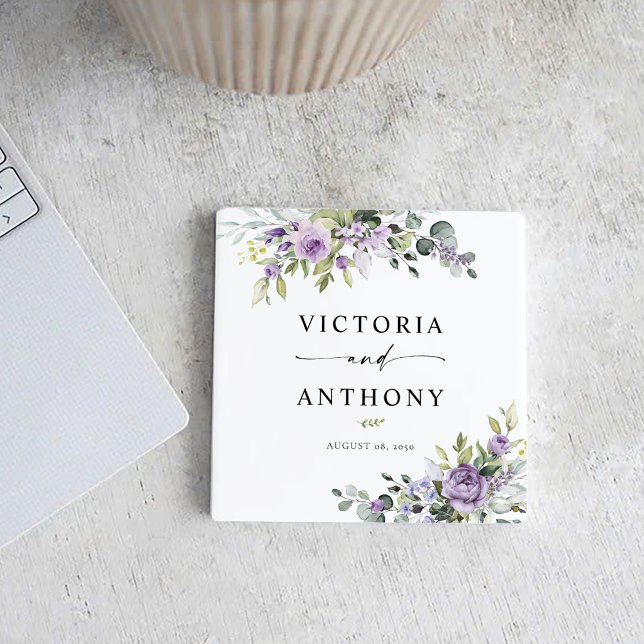 Elegant Purple Floral Square Wedding Coaster (Creator Uploaded)