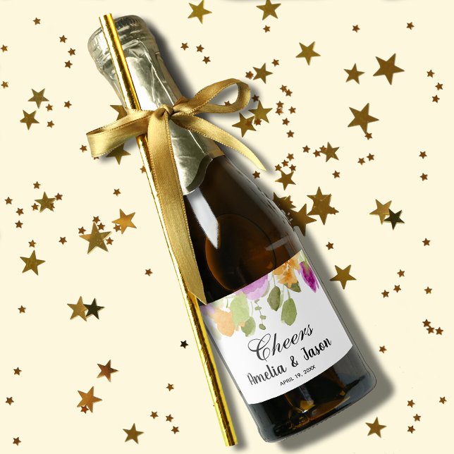 Elegant Purple Floral Watercolor Mini Sparkling Wine Label (Chic purple and yellow watercolor floral mini champagne bottle label for favors or serve to guests)