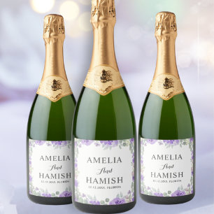 Elegant Purple Floral Watercolor Wedding Sparkling Wine Label