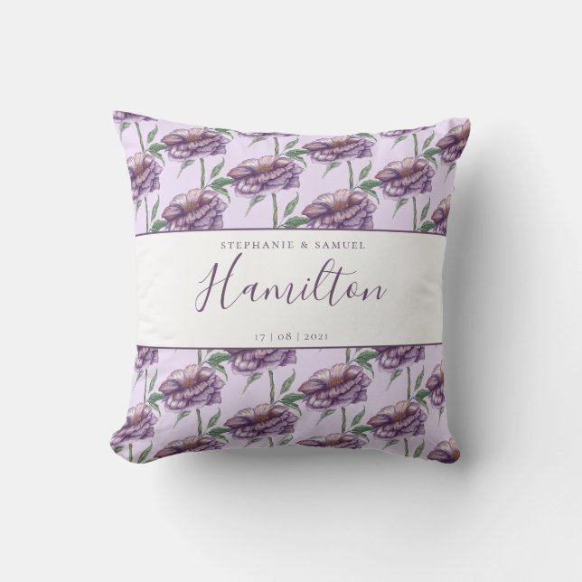 Elegant Purple Floral Wedding Anniversary Gift Throw Pillow (Front)