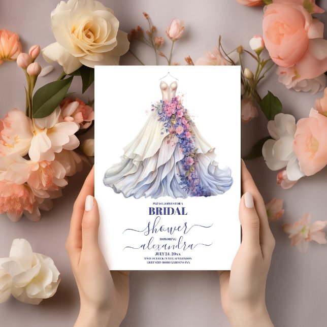 Elegant Purple Floral Wedding Dress Bridal Shower Invitation (Creator Uploaded)
