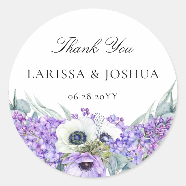 Elegant Purple Floral Wedding Favour Thank You Classic Round Sticker (Front)