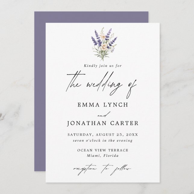 Elegant Purple Floral Wedding Invitation (Front/Back)