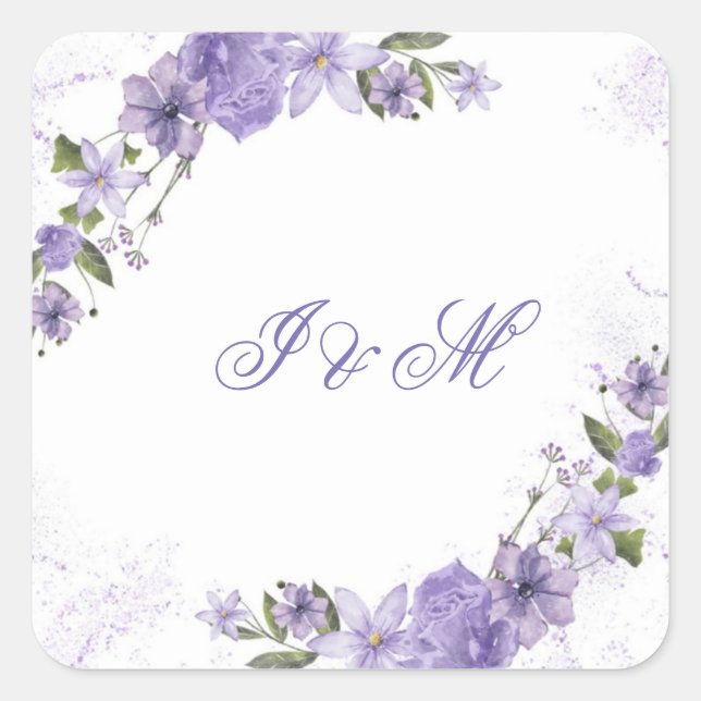 Elegant Purple Floral Wedding Invitation Square Sticker (Front)