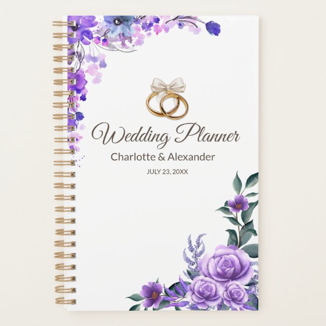 Elegant Purple Floral Wedding Personalized  Planner (Front)