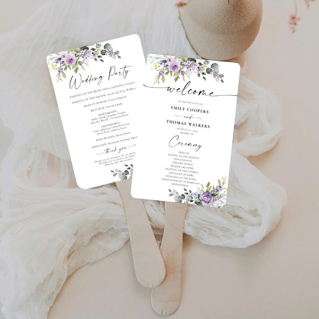 Elegant Purple Floral Wedding Program Hand Fan (Creator Uploaded)