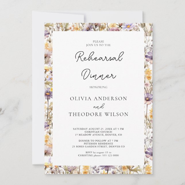 Elegant Purple Floral Wedding Rehearsal Dinner Invitation (Front)