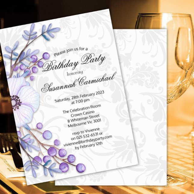 Elegant Purple Floral Wreath Damask Birthday Invitation (Creator Uploaded)