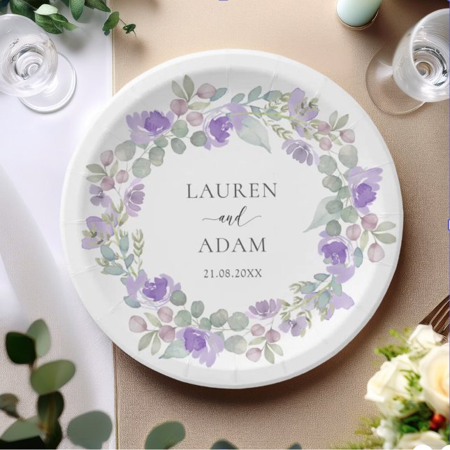 Elegant Purple Floral Wreath Wedding Paper Plate (Creator Uploaded)