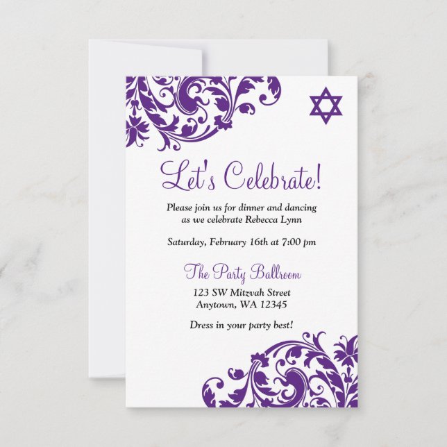 Elegant Purple Flourish Bat Mitzvah Reception Invitation (Front)