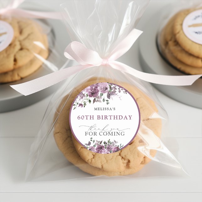 Elegant Purple Flowers 60th Birthday Classic Round Sticker (Creator Uploaded)