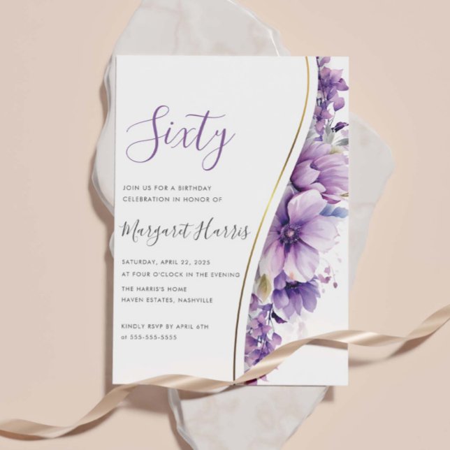 Elegant Purple Flowers 60th Sixty Birthday Invitation (Creator Uploaded)
