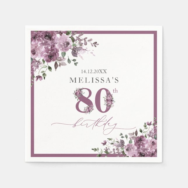 Elegant Purple Flowers 80th Birthday Party Napkin (Front)