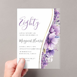 Elegant Purple Flowers 80th Eighty Birthday Acrylic Invitations