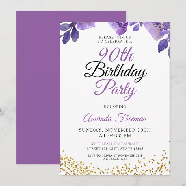 Elegant Purple Flowers 90th Birthday Invitation (Front/Back)