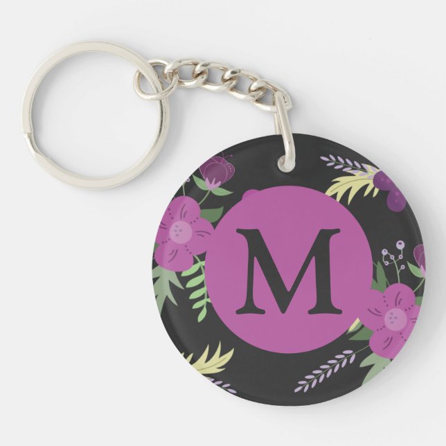 Elegant Purple Flowers Art on Black Monogram Keychain (Front)