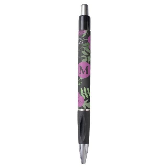 Elegant Purple Flowers Art on Black Monogram Pen (Front Vertical)