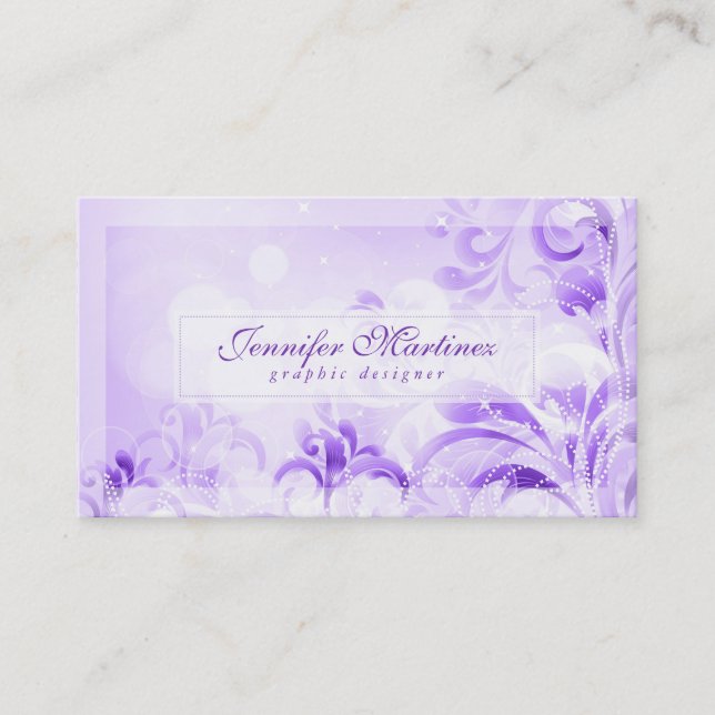 Elegant Purple Flowers & Glitter Business Card (Front)