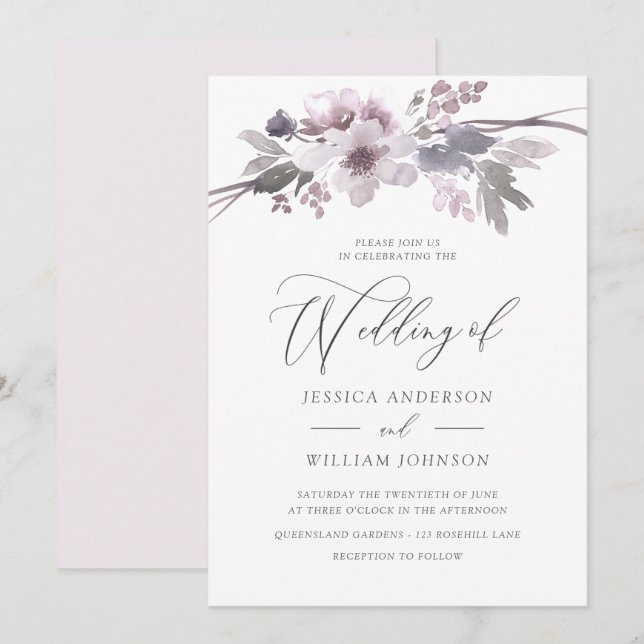 Elegant Purple Flowers Winter Grey Wedding Invitation (Front/Back)