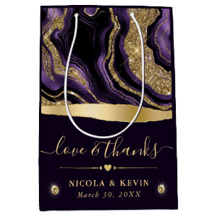 Elegant Purple Foil and Gold Glitter Agate Wedding Medium Gift Bag