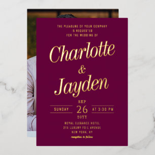 Elegant Purple Foil Script Photo Wedding