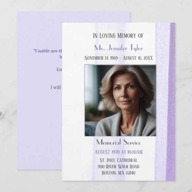 Elegant Purple  Funeral Memorial Ceremony  Invitation (Front/Back)