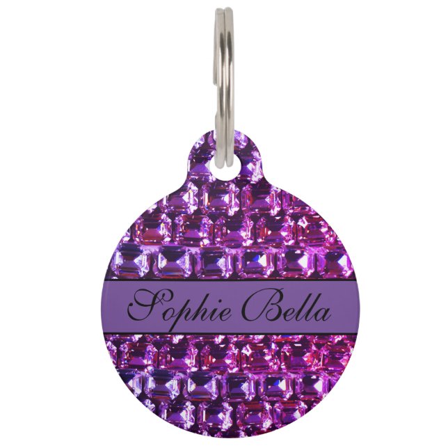 Elegant purple gemstones diamonds calligraphy pet tag (Front)