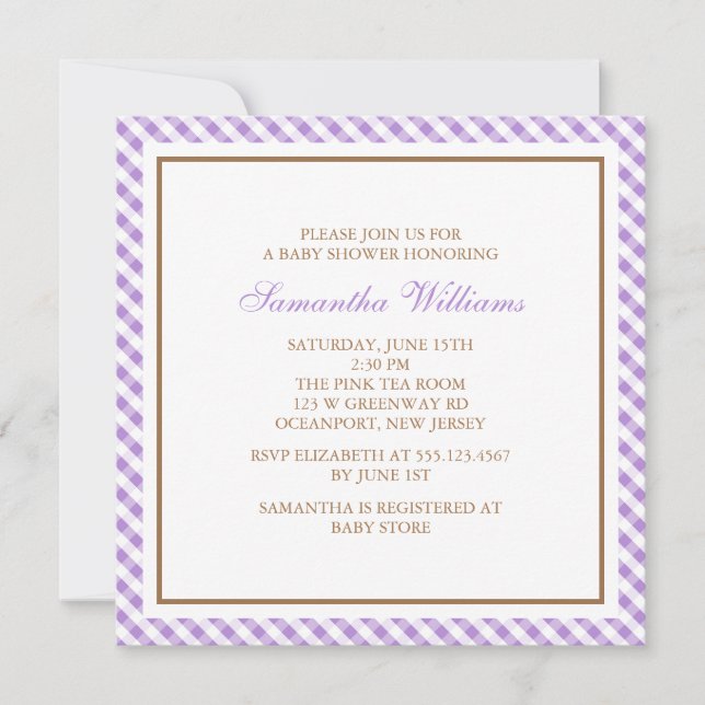 Elegant Purple Gingham Pattern Baby Shower Invitation (Front)