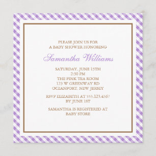 Elegant Purple Gingham Pattern Baby Shower Invitation