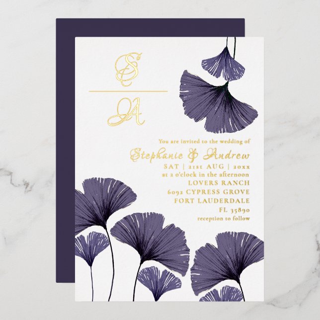 Elegant Purple Ginkgo Foliage Wedding  Invitation  (Front/Back)