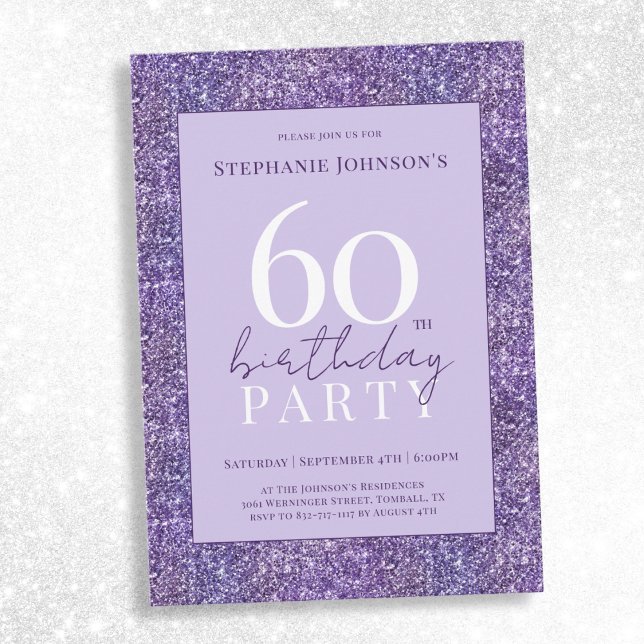 Elegant Purple Glitter 60th Birthday Party Invitation (Elegant Purple Glitter 60th Birthday Party Invitation)